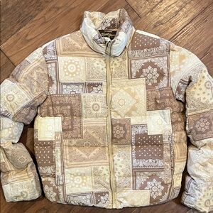 Vintage-Inspired Patchwork Puffer Jacket in Beige